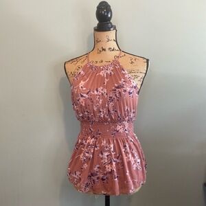 Express Womens Halter Floral Boho Chic Smocked Waist Tank Top Dusty Rose Size XS